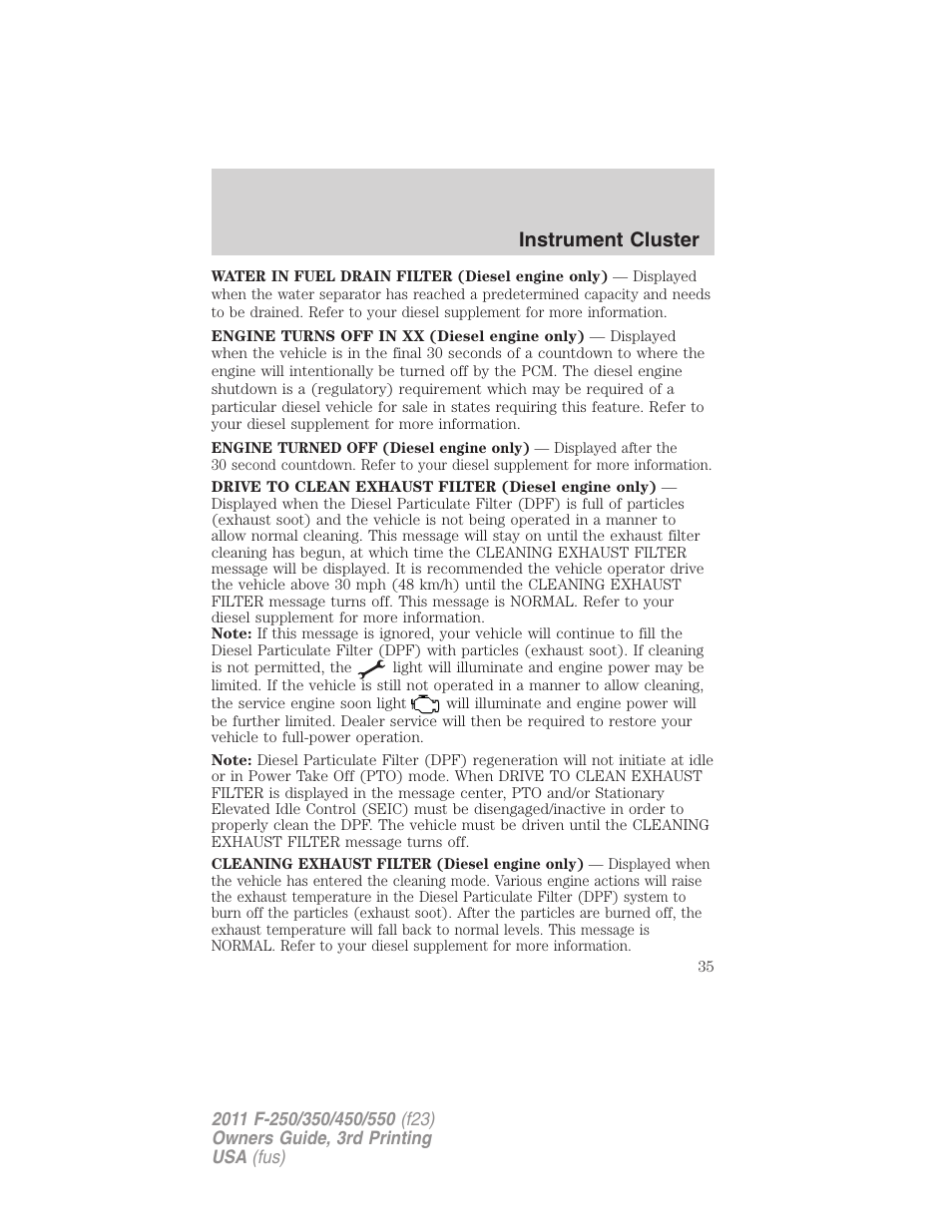 Instrument cluster | FORD 2011 F-550 v.3 User Manual | Page 35 / 442