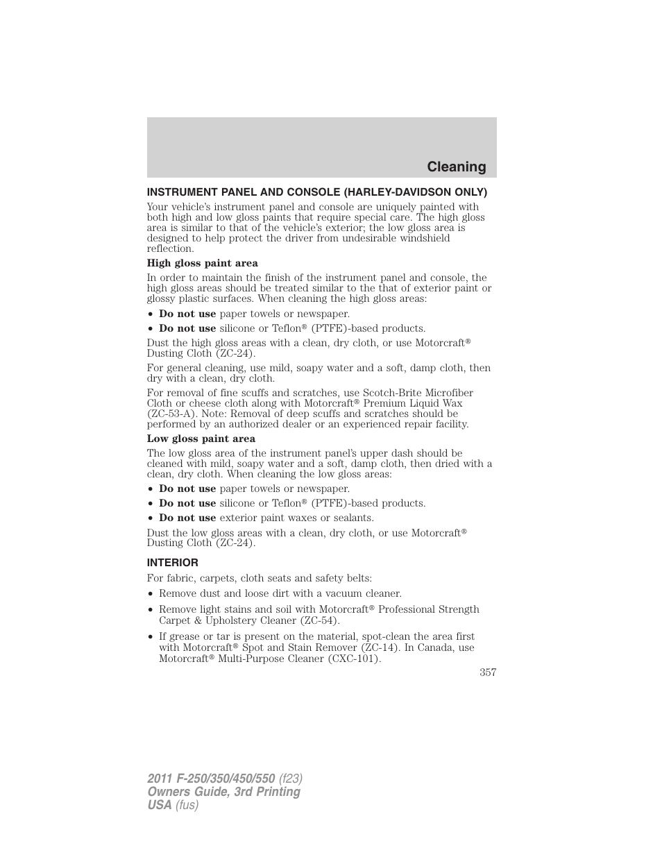 Interior, Cleaning | FORD 2011 F-550 v.3 User Manual | Page 357 / 442