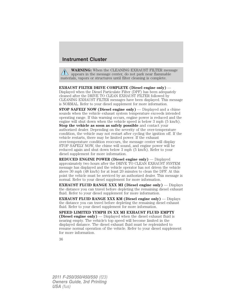 Instrument cluster | FORD 2011 F-550 v.3 User Manual | Page 36 / 442