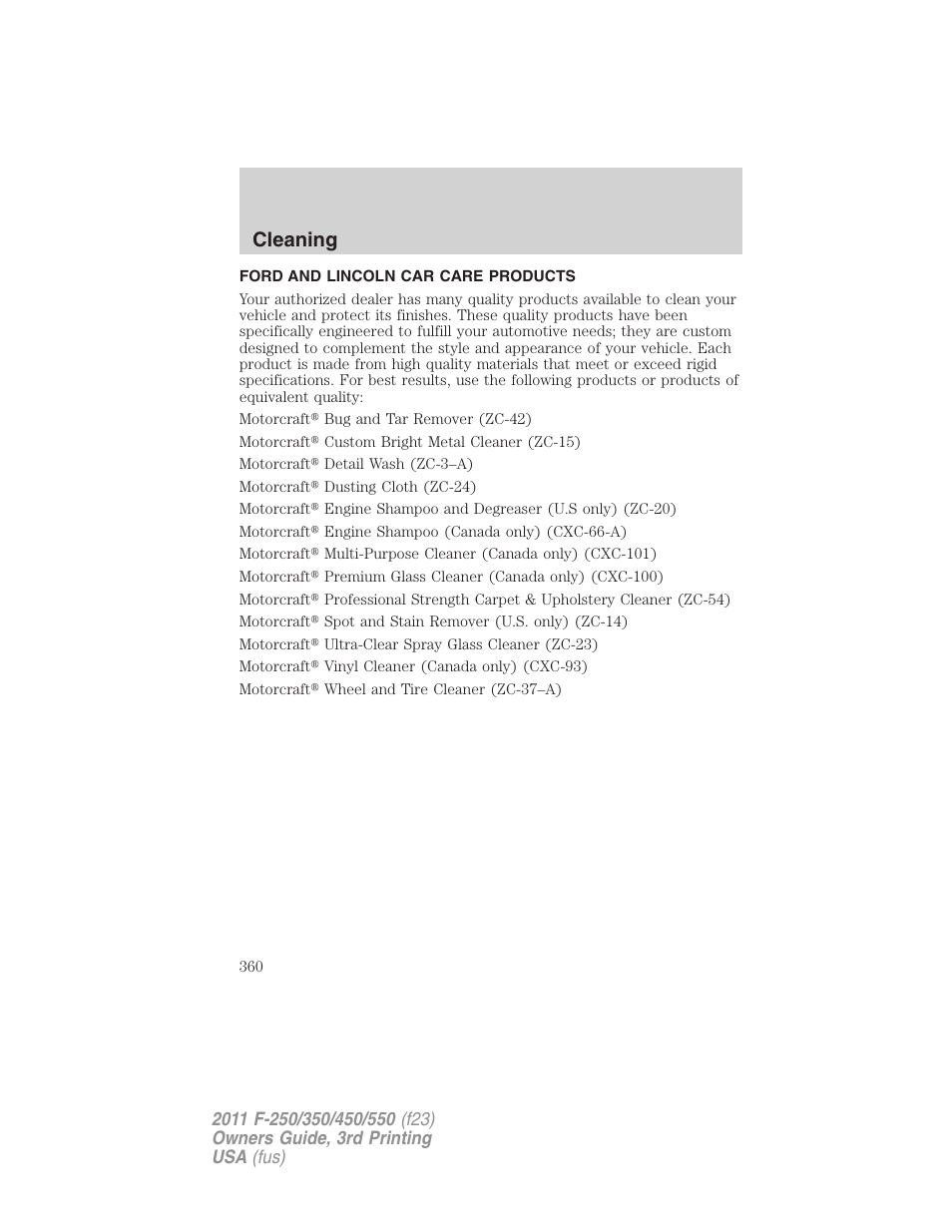 Ford and lincoln car care products, Cleaning | FORD 2011 F-550 v.3 User Manual | Page 360 / 442