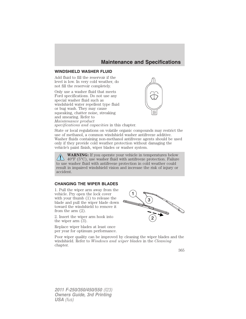 Windshield washer fluid, Changing the wiper blades, Maintenance and specifications | FORD 2011 F-550 v.3 User Manual | Page 365 / 442