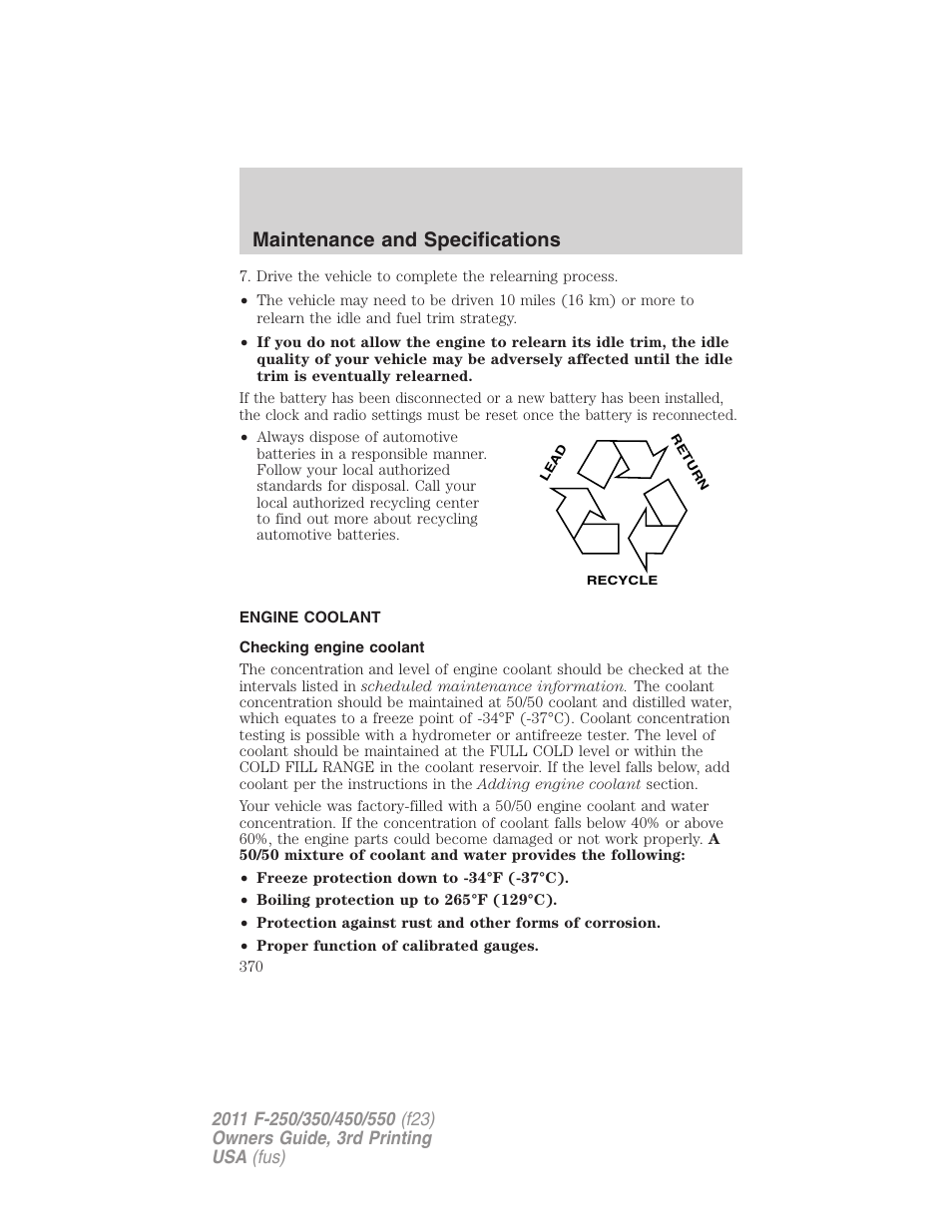 Engine coolant, Checking engine coolant, Maintenance and specifications | FORD 2011 F-550 v.3 User Manual | Page 370 / 442