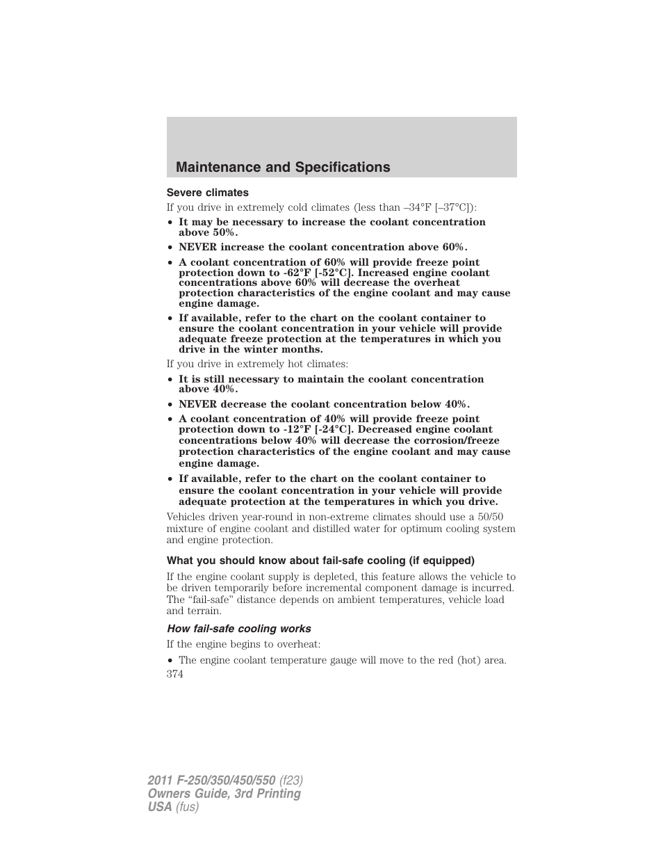 Severe climates, How fail-safe cooling works, Maintenance and specifications | FORD 2011 F-550 v.3 User Manual | Page 374 / 442