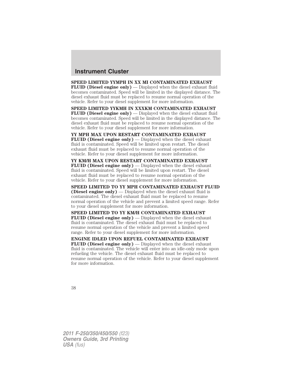 Instrument cluster | FORD 2011 F-550 v.3 User Manual | Page 38 / 442