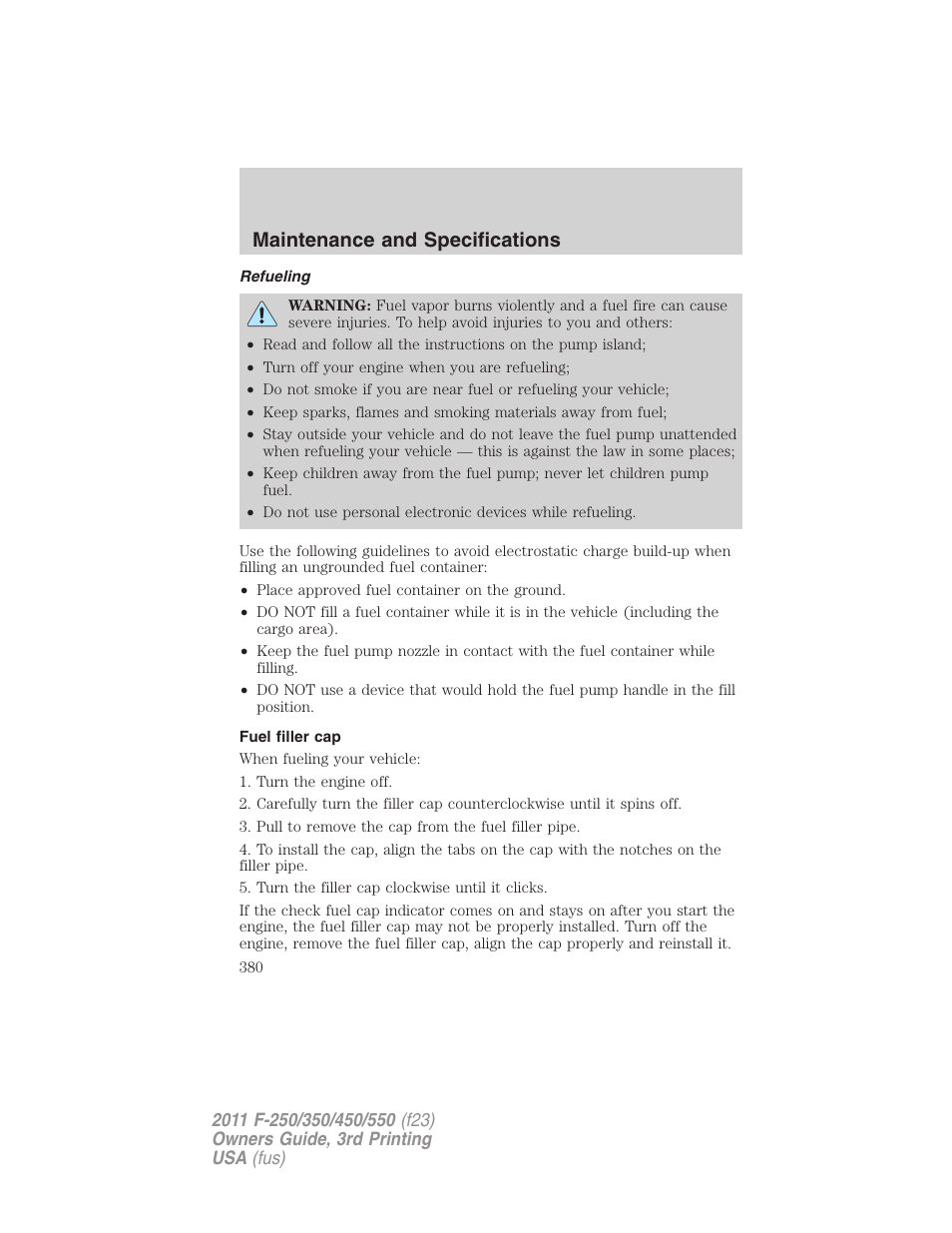 Refueling, Fuel filler cap, Maintenance and specifications | FORD 2011 F-550 v.3 User Manual | Page 380 / 442