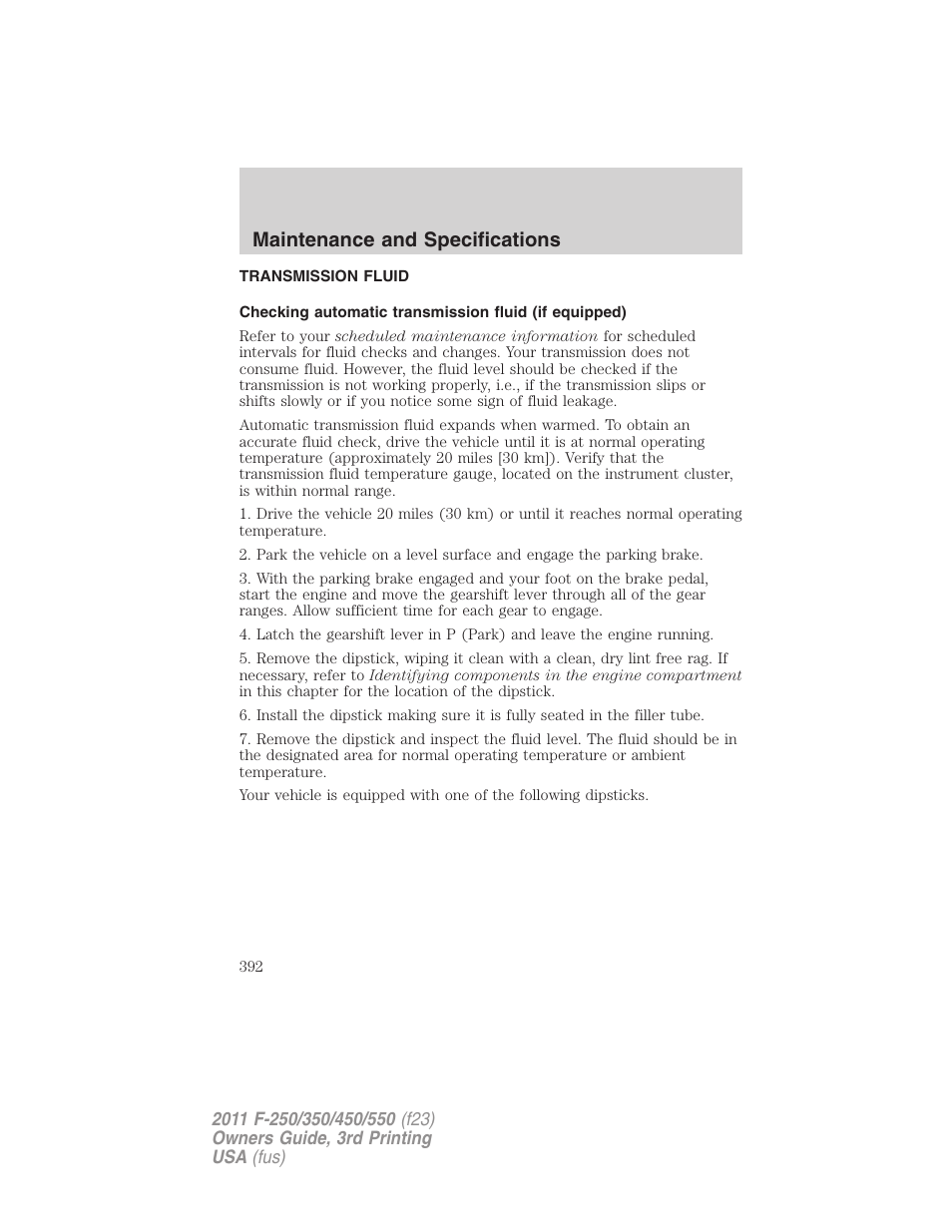 Transmission fluid, Maintenance and specifications | FORD 2011 F-550 v.3 User Manual | Page 392 / 442
