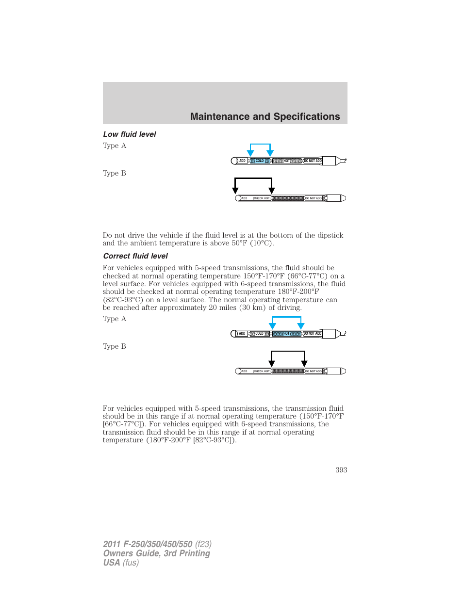 Low fluid level, Correct fluid level, Maintenance and specifications | FORD 2011 F-550 v.3 User Manual | Page 393 / 442