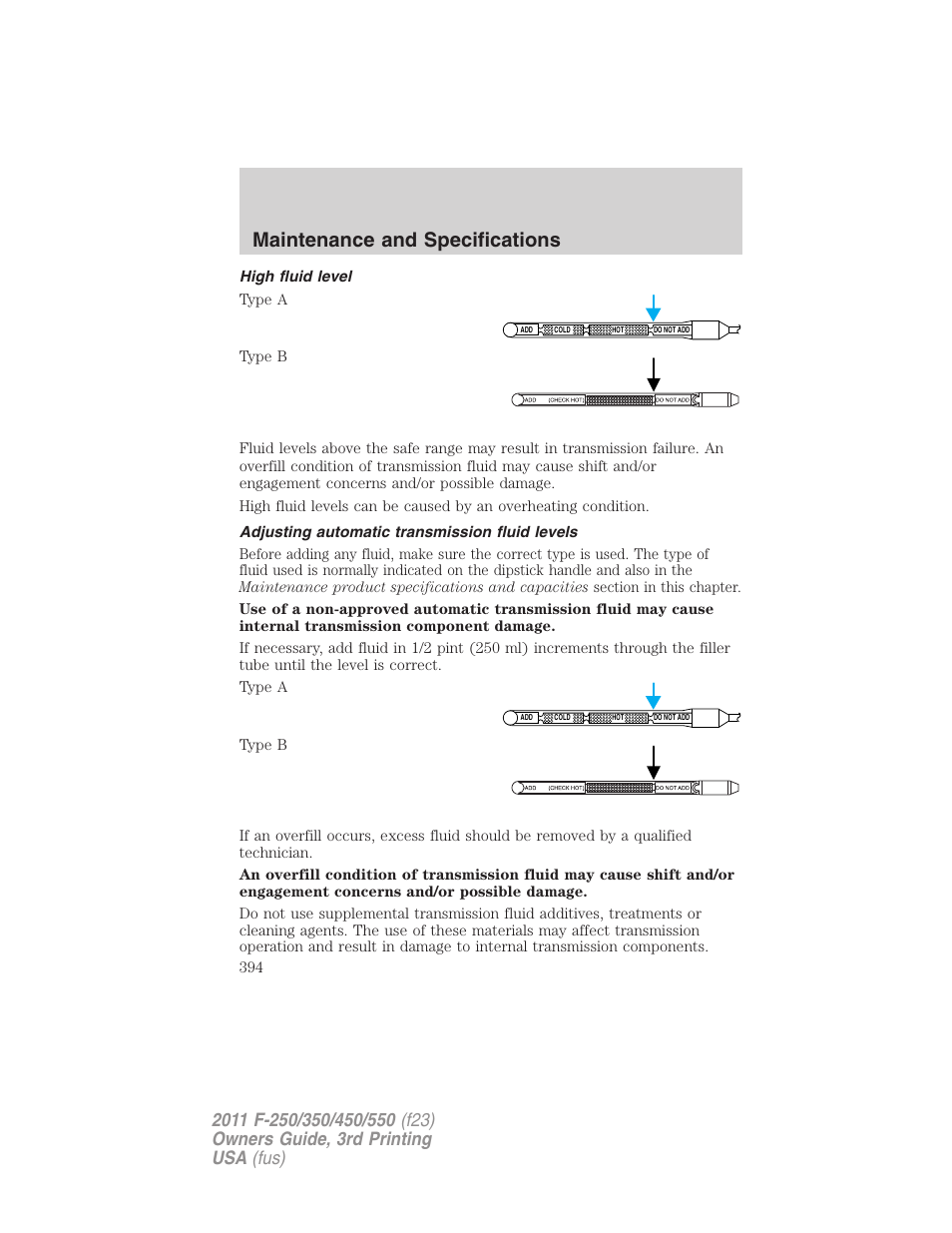 High fluid level, Adjusting automatic transmission fluid levels, Maintenance and specifications | FORD 2011 F-550 v.3 User Manual | Page 394 / 442