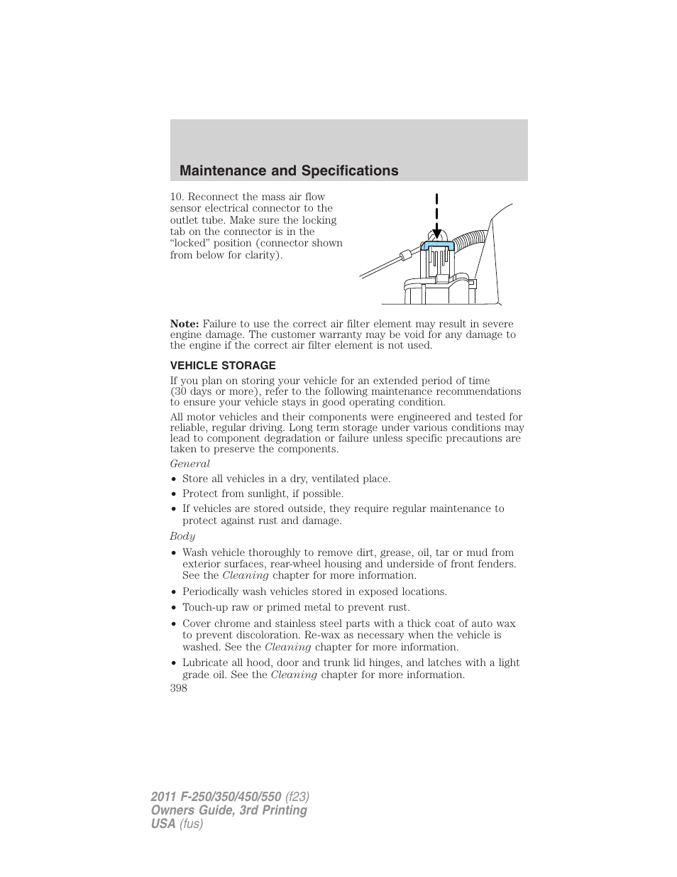Vehicle storage, Maintenance and specifications | FORD 2011 F-550 v.3 User Manual | Page 398 / 442