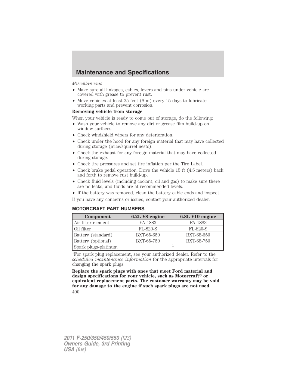 Motorcraft part numbers, Part numbers, Maintenance and specifications | FORD 2011 F-550 v.3 User Manual | Page 400 / 442