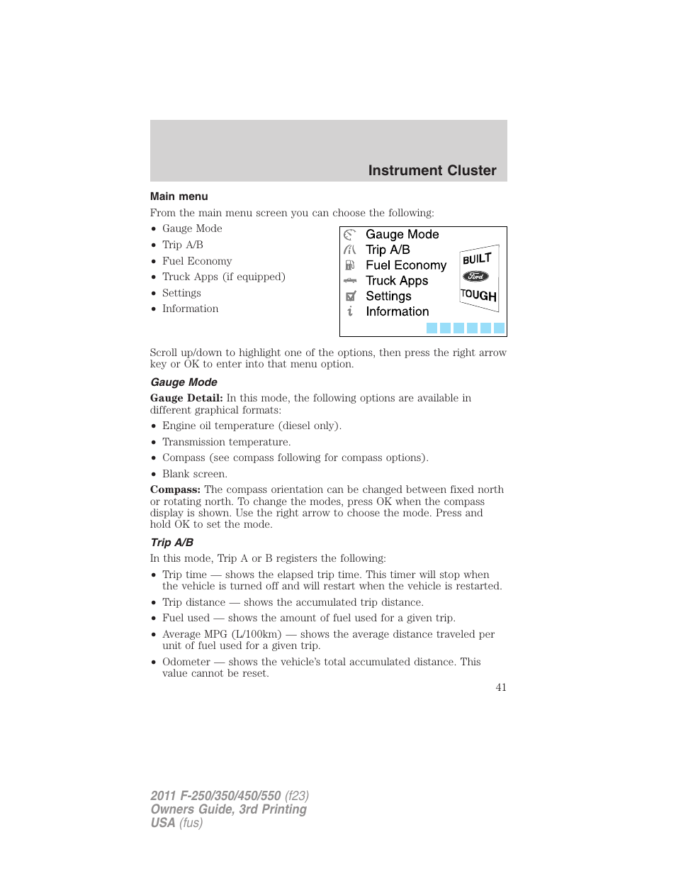 Main menu, Gauge mode, Trip a/b | Instrument cluster | FORD 2011 F-550 v.3 User Manual | Page 41 / 442