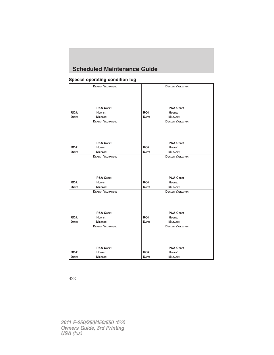 Special operating condition log, Scheduled maintenance guide | FORD 2011 F-550 v.3 User Manual | Page 432 / 442