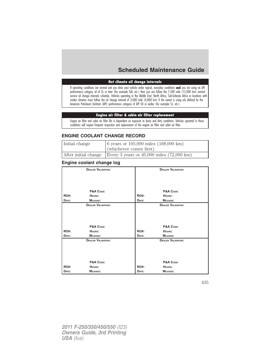 Engine coolant change record, Engine coolant change log, Scheduled maintenance guide | FORD 2011 F-550 v.3 User Manual | Page 435 / 442