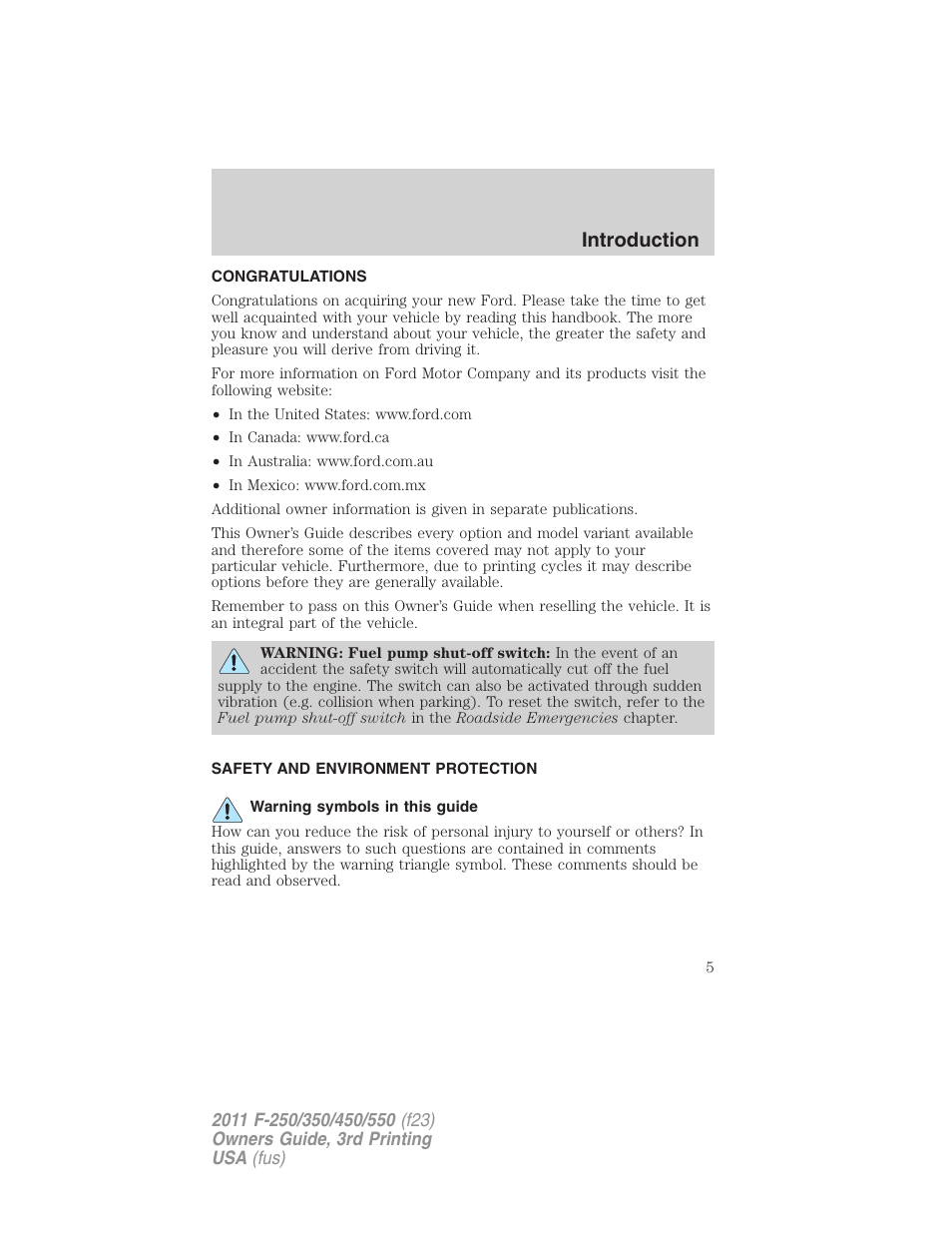 Introduction, Congratulations, Safety and environment protection | Warning symbols in this guide | FORD 2011 F-550 v.3 User Manual | Page 5 / 442