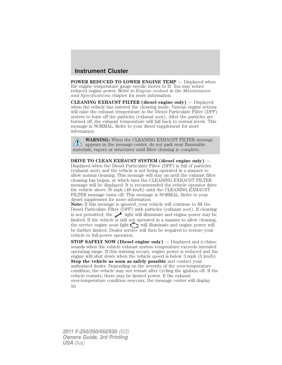 Instrument cluster | FORD 2011 F-550 v.3 User Manual | Page 50 / 442