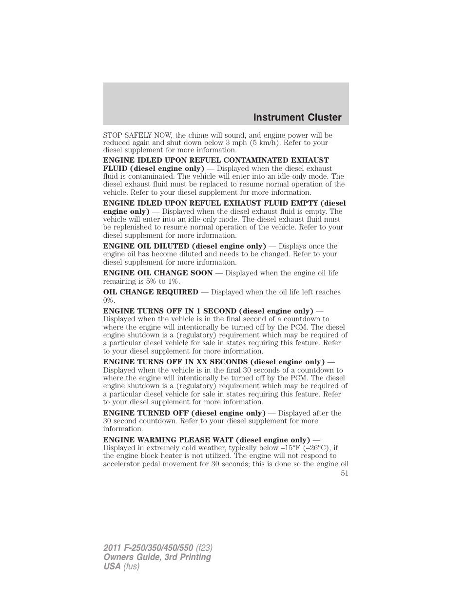 Instrument cluster | FORD 2011 F-550 v.3 User Manual | Page 51 / 442
