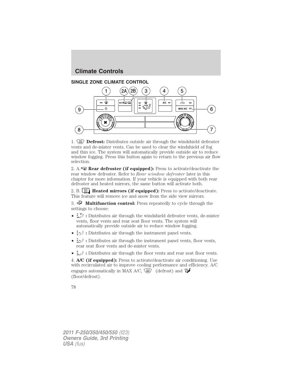 Climate controls, Single zone climate control, Manual heating and air conditioning | FORD 2011 F-550 v.3 User Manual | Page 78 / 442