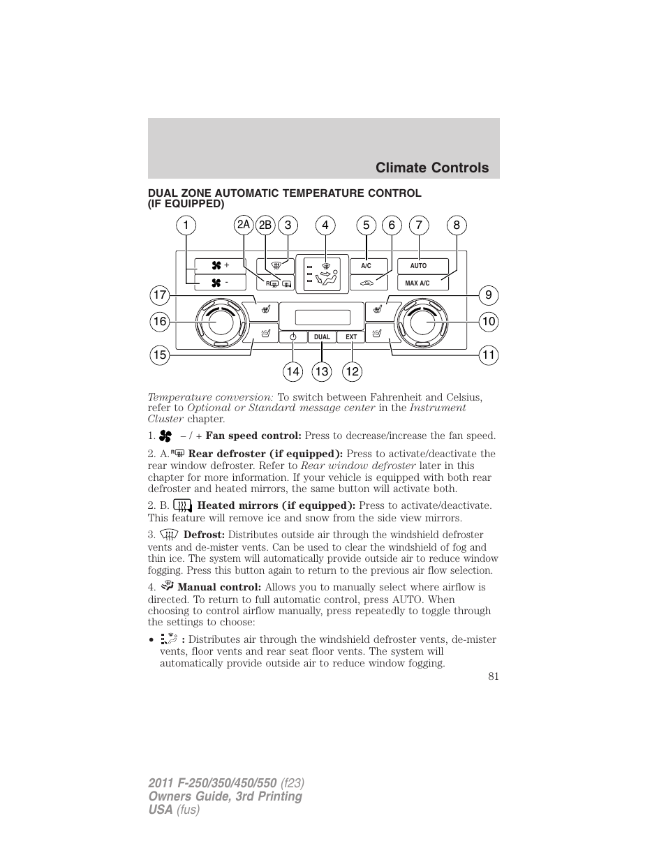 Dual electronic automatic temperature control, Climate controls | FORD 2011 F-550 v.3 User Manual | Page 81 / 442