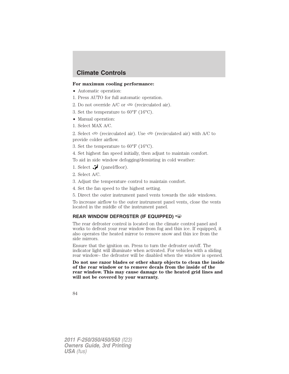 Rear window defroster (if equipped), Rear window defroster, Climate controls | FORD 2011 F-550 v.3 User Manual | Page 84 / 442