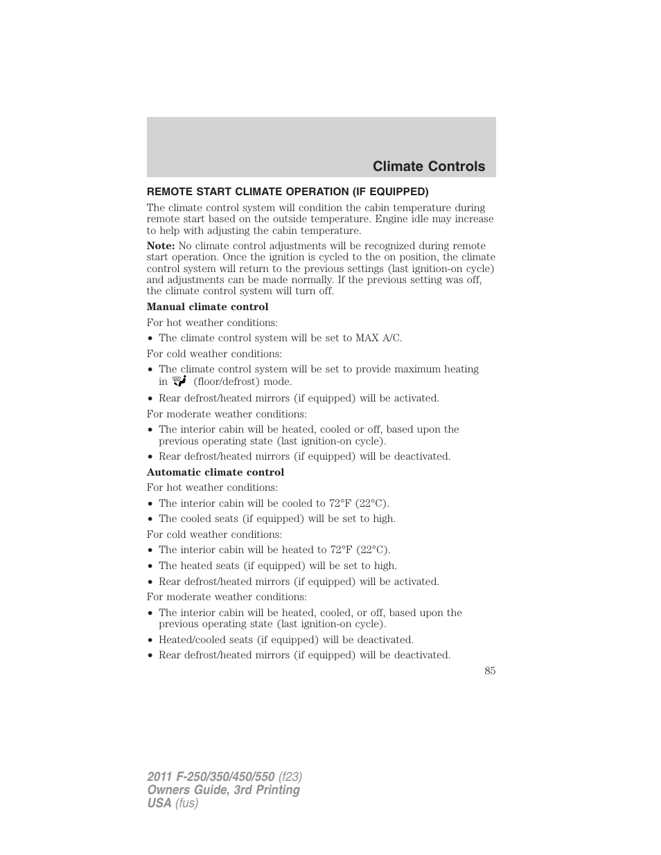 Remote start climate operation (if equipped), Climate controls | FORD 2011 F-550 v.3 User Manual | Page 85 / 442