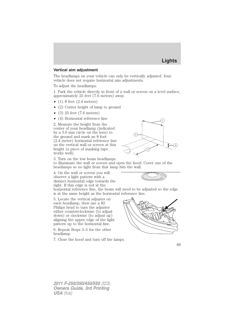 Vertical aim adjustment, Lights | FORD 2011 F-550 v.3 User Manual | Page 89 / 442