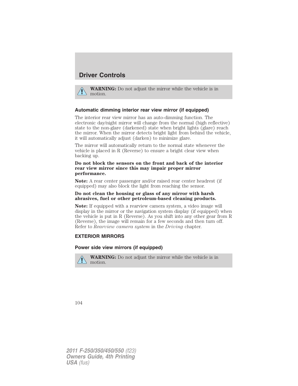Exterior mirrors, Power side view mirrors (if equipped), Driver controls | FORD 2011 F-550 v.4 User Manual | Page 104 / 449