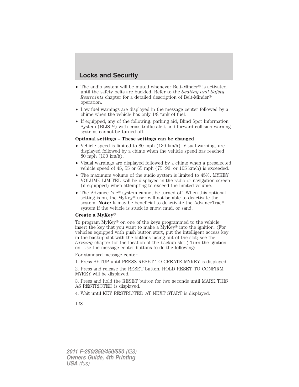 Locks and security | FORD 2011 F-550 v.4 User Manual | Page 128 / 449