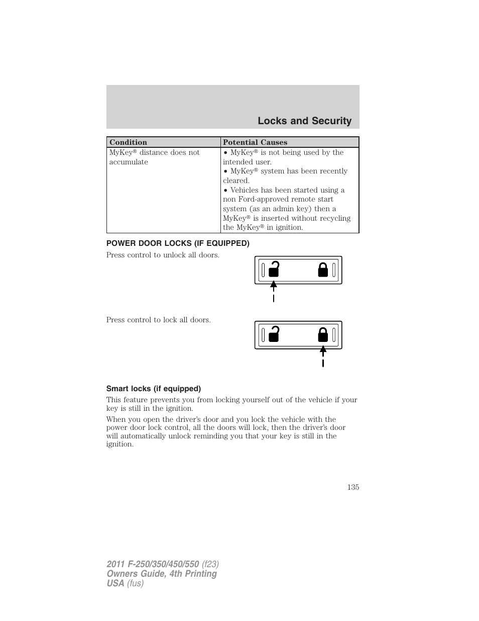 Power door locks (if equipped), Smart locks (if equipped), Locks | Locks and security | FORD 2011 F-550 v.4 User Manual | Page 135 / 449
