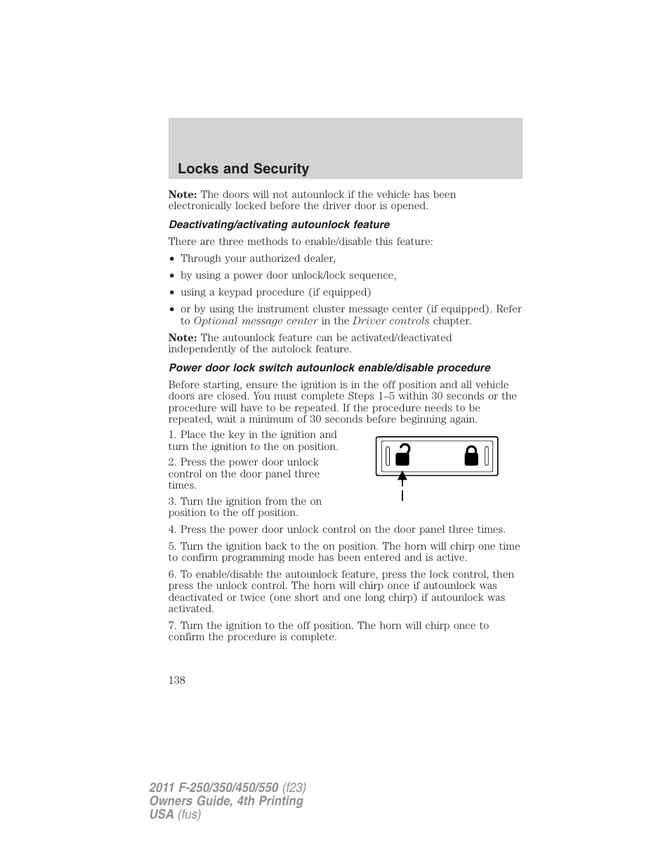 Deactivating/activating autounlock feature, Locks and security | FORD 2011 F-550 v.4 User Manual | Page 138 / 449