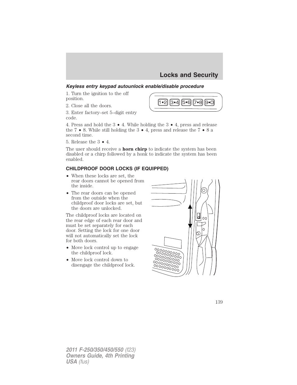 Childproof door locks (if equipped), Locks and security | FORD 2011 F-550 v.4 User Manual | Page 139 / 449