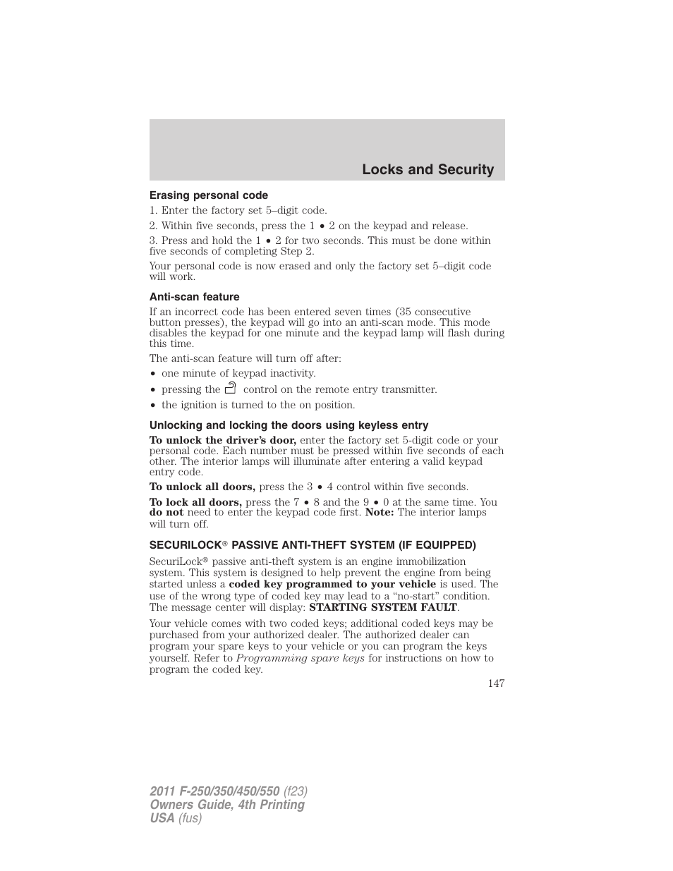 Erasing personal code, Anti-scan feature, Securilock passive anti-theft system (if equipped) | Anti-theft system, Locks and security | FORD 2011 F-550 v.4 User Manual | Page 147 / 449