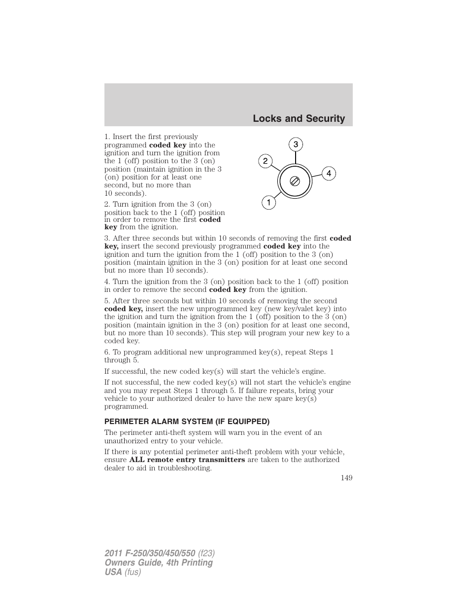 Perimeter alarm system (if equipped), Locks and security | FORD 2011 F-550 v.4 User Manual | Page 149 / 449