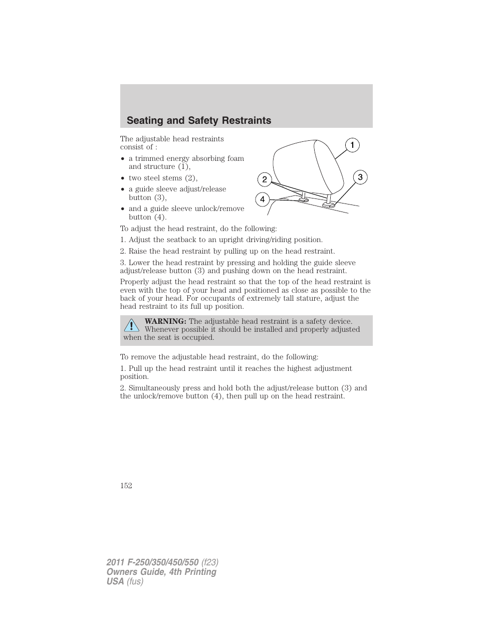 Seating and safety restraints | FORD 2011 F-550 v.4 User Manual | Page 152 / 449