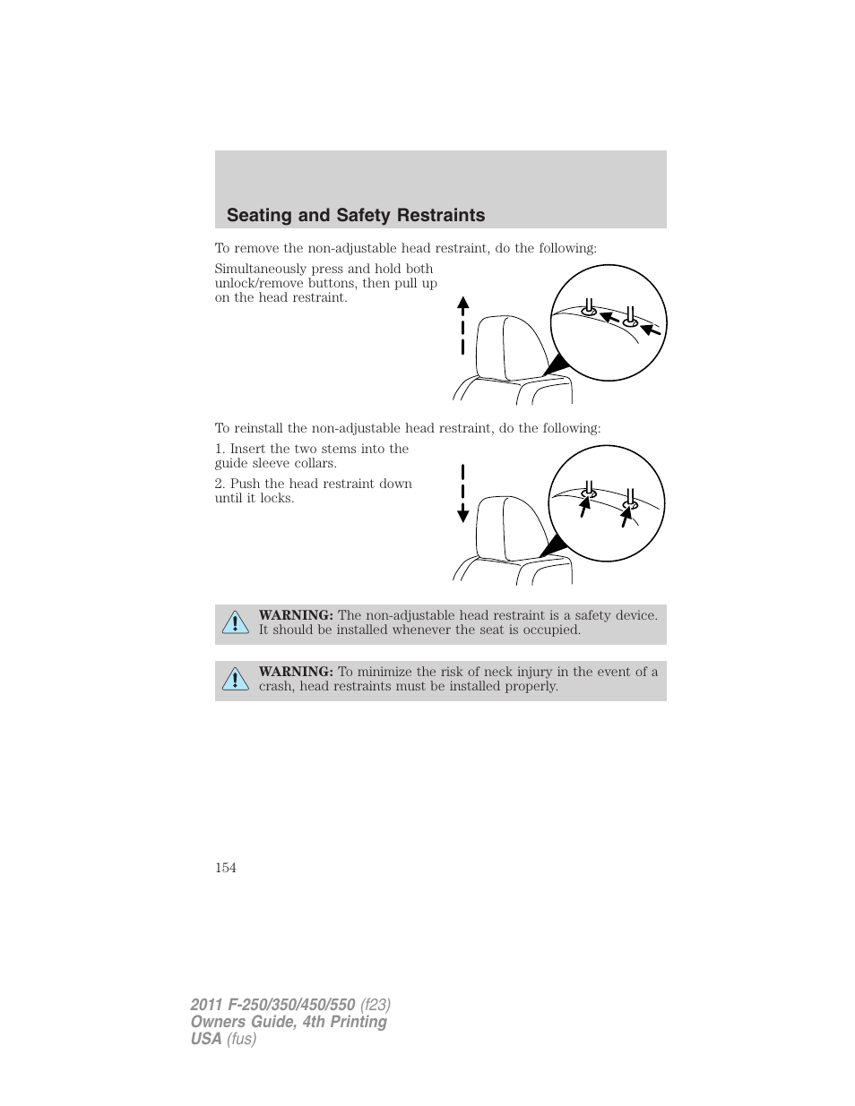 Seating and safety restraints | FORD 2011 F-550 v.4 User Manual | Page 154 / 449