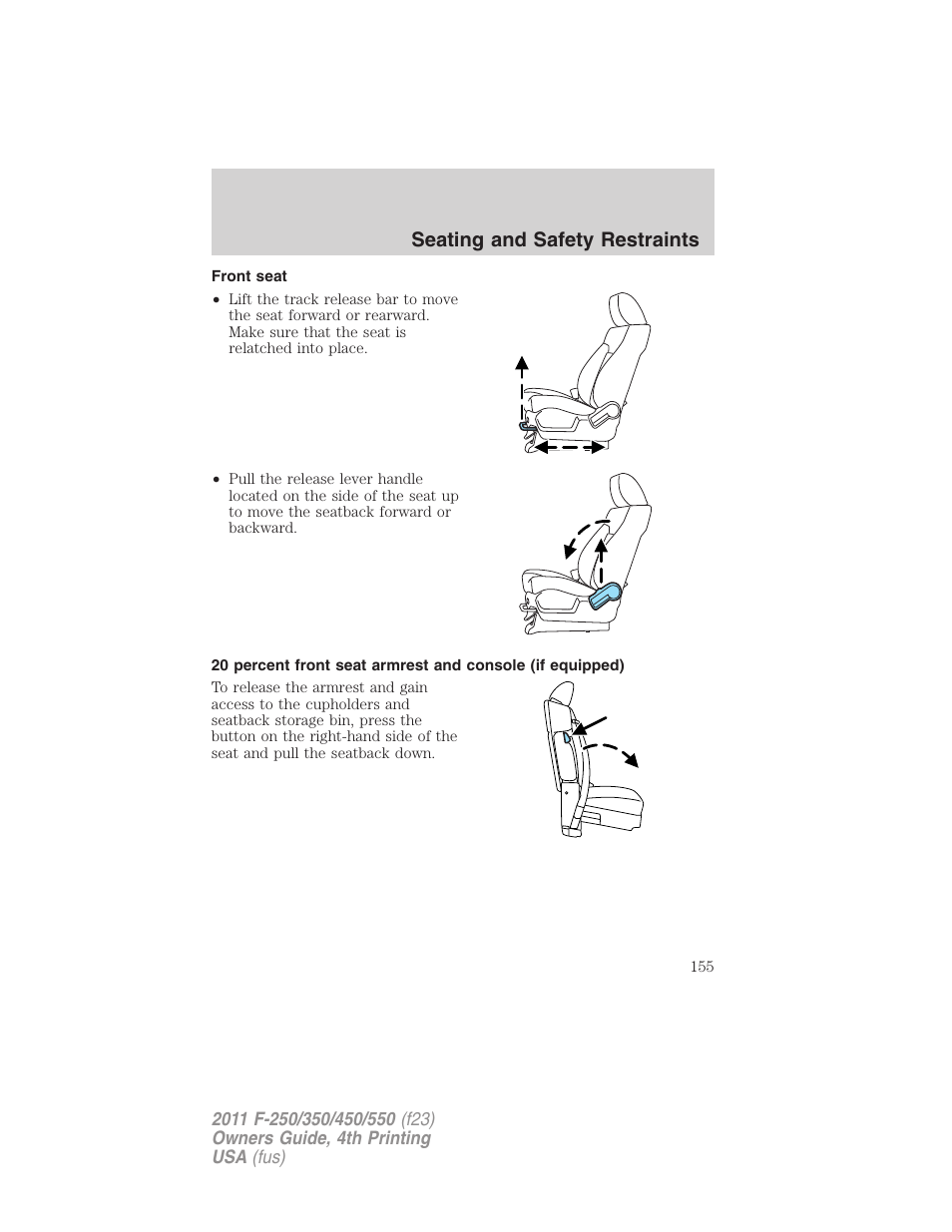Front seat, Seating and safety restraints | FORD 2011 F-550 v.4 User Manual | Page 155 / 449