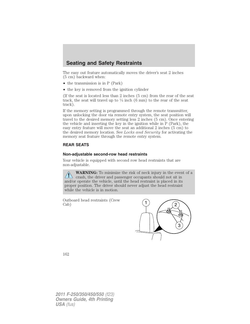 Rear seats, Non-adjustable second-row head restraints, Seating and safety restraints | FORD 2011 F-550 v.4 User Manual | Page 162 / 449