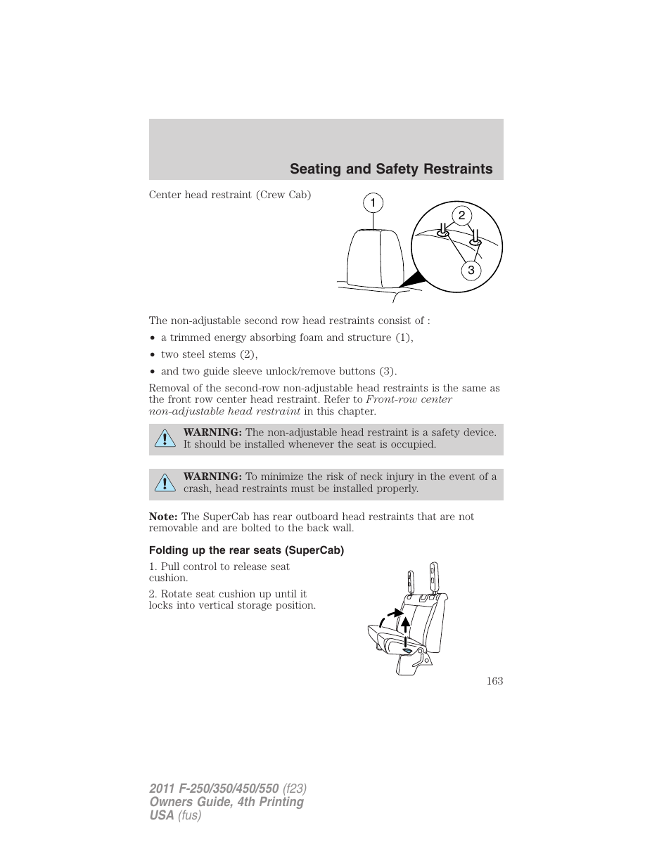Folding up the rear seats (supercab), Seating and safety restraints | FORD 2011 F-550 v.4 User Manual | Page 163 / 449