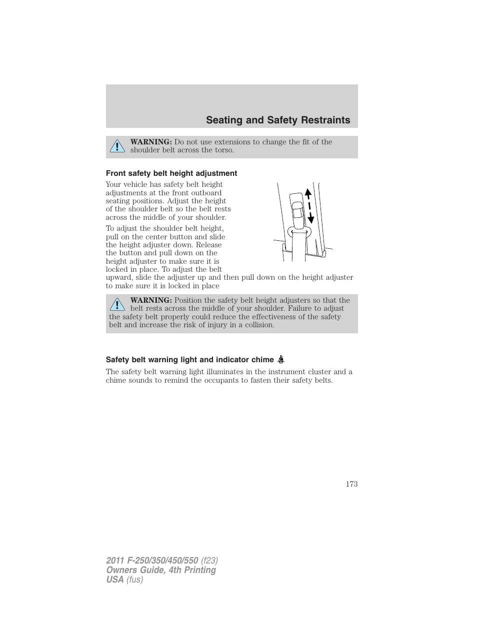 Front safety belt height adjustment, Safety belt warning light and indicator chime, Seating and safety restraints | FORD 2011 F-550 v.4 User Manual | Page 173 / 449