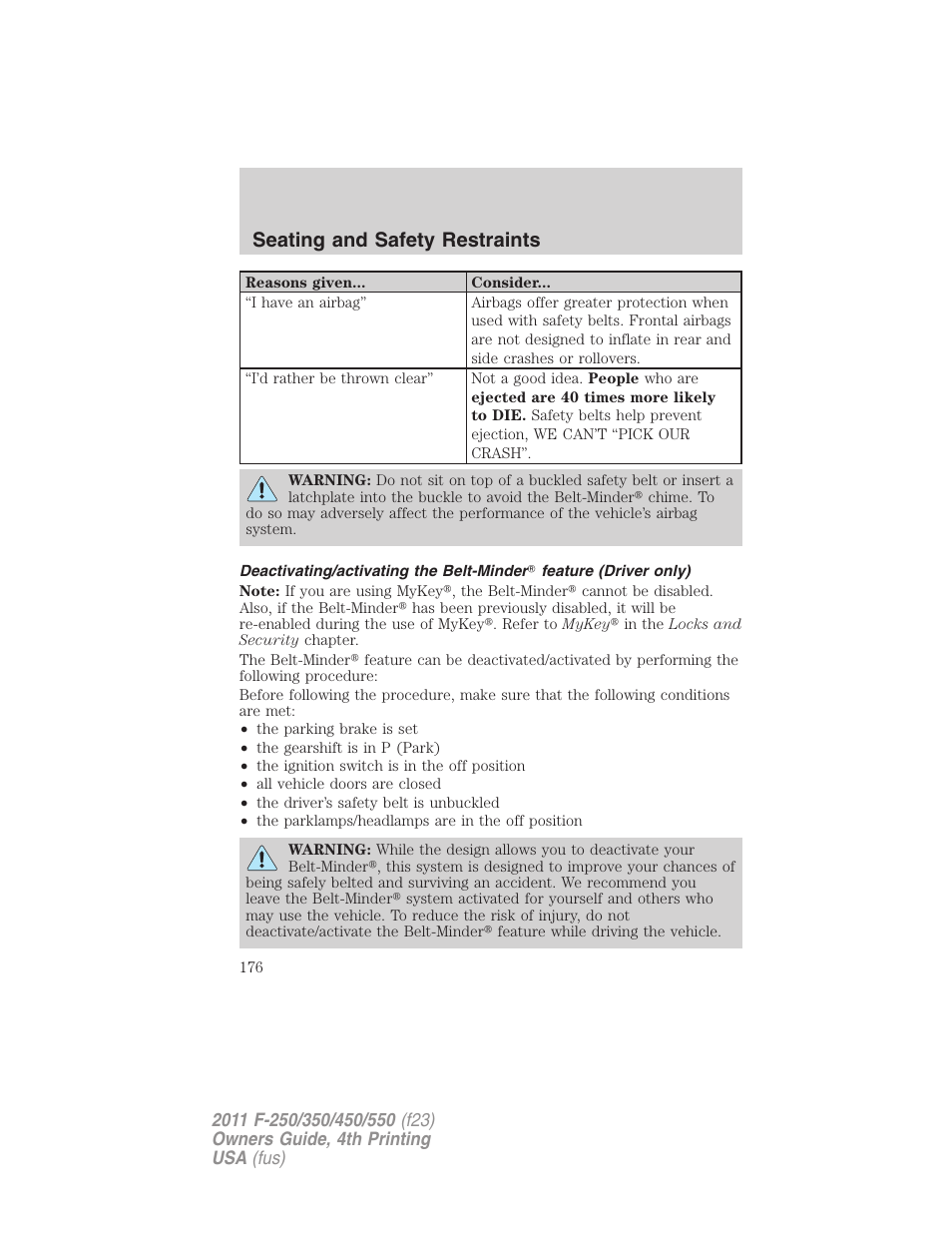 Seating and safety restraints | FORD 2011 F-550 v.4 User Manual | Page 176 / 449