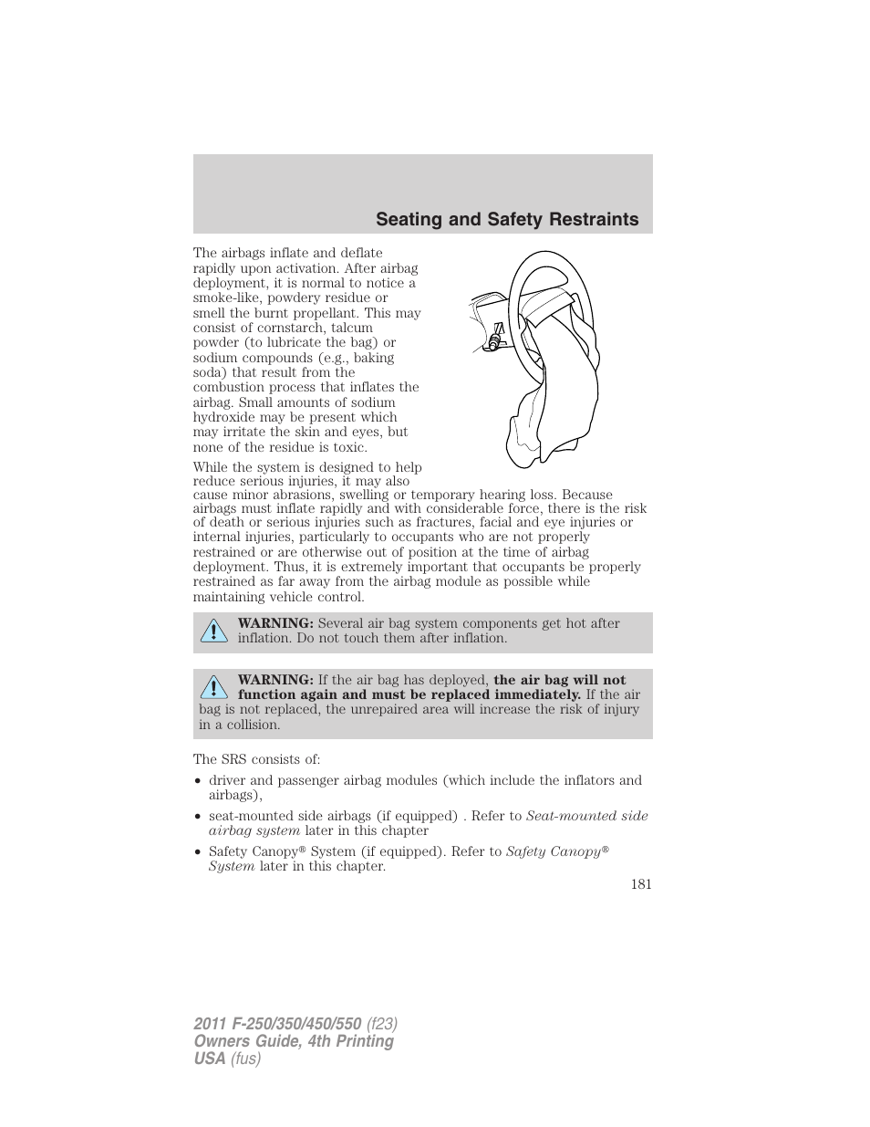 Seating and safety restraints | FORD 2011 F-550 v.4 User Manual | Page 181 / 449