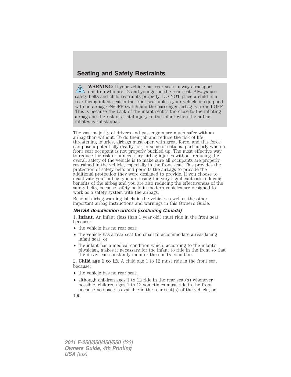 Nhtsa deactivation criteria (excluding canada), Seating and safety restraints | FORD 2011 F-550 v.4 User Manual | Page 190 / 449