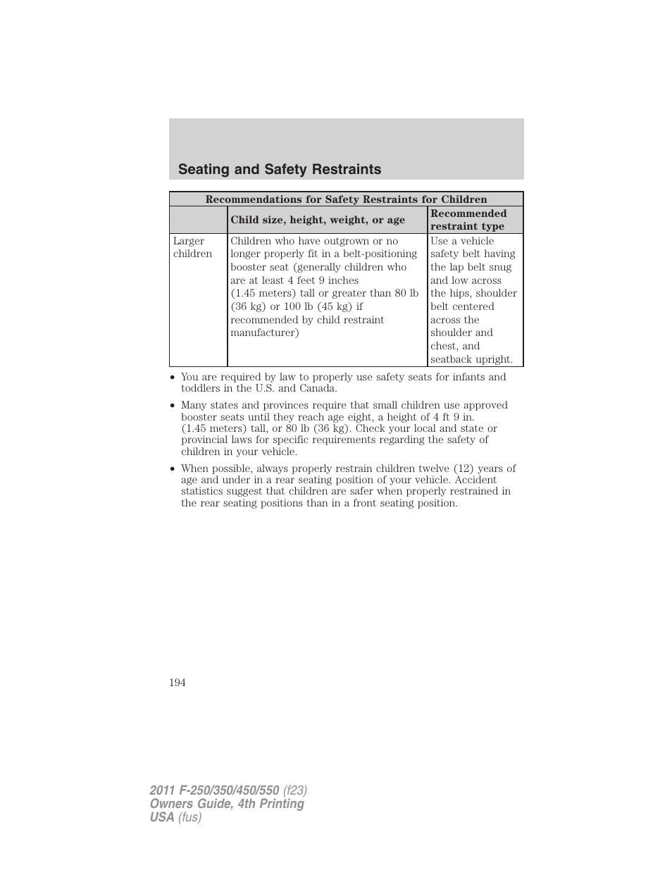 Seating and safety restraints | FORD 2011 F-550 v.4 User Manual | Page 194 / 449