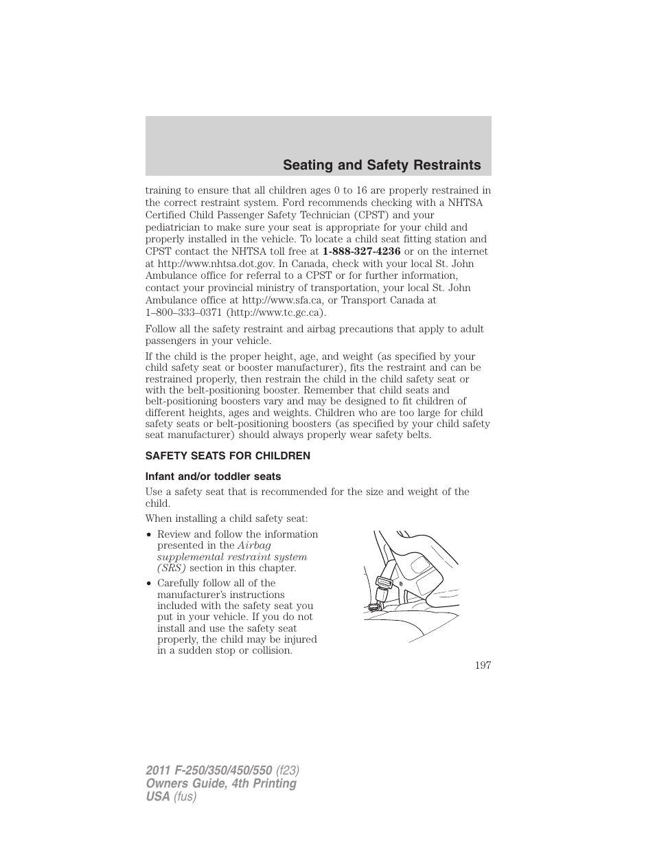 Safety seats for children, Infant and/or toddler seats, Seating and safety restraints | FORD 2011 F-550 v.4 User Manual | Page 197 / 449