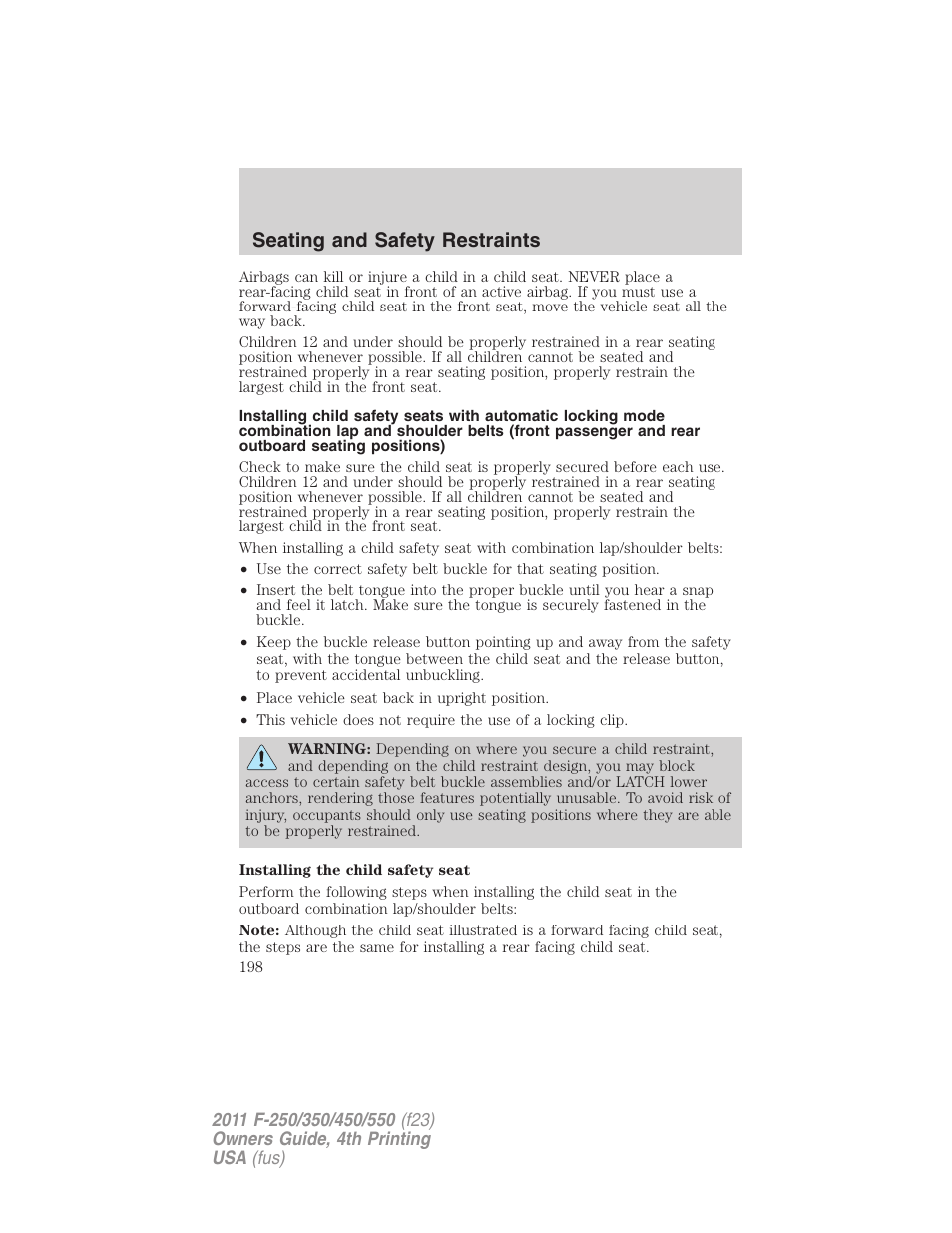 Seating and safety restraints | FORD 2011 F-550 v.4 User Manual | Page 198 / 449