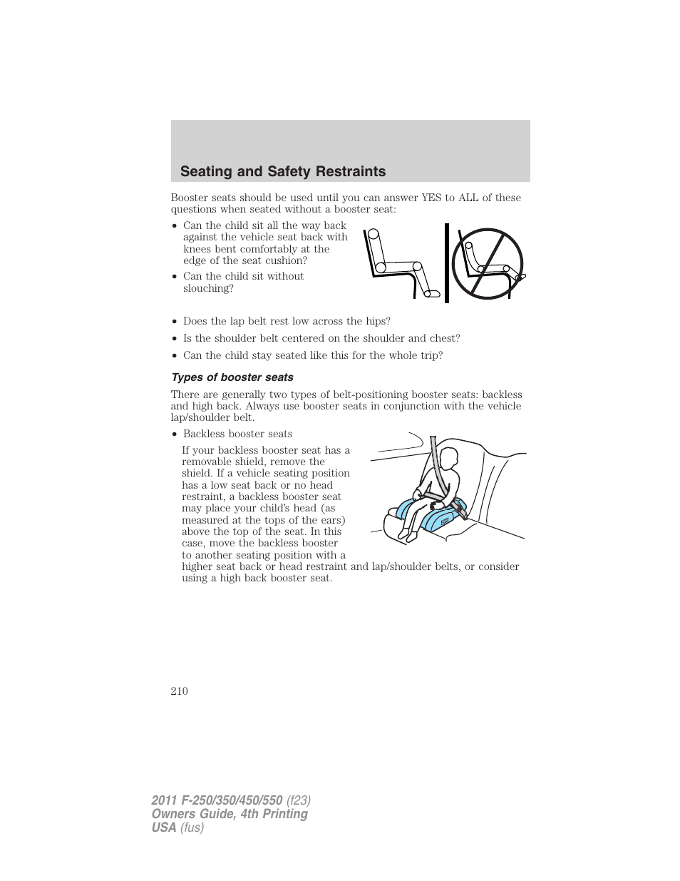 Types of booster seats, Seating and safety restraints | FORD 2011 F-550 v.4 User Manual | Page 210 / 449