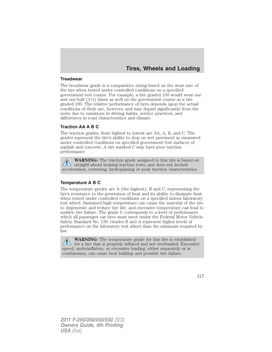 Treadwear, Traction aa a b c, Temperature a b c | Tires, wheels and loading | FORD 2011 F-550 v.4 User Manual | Page 217 / 449