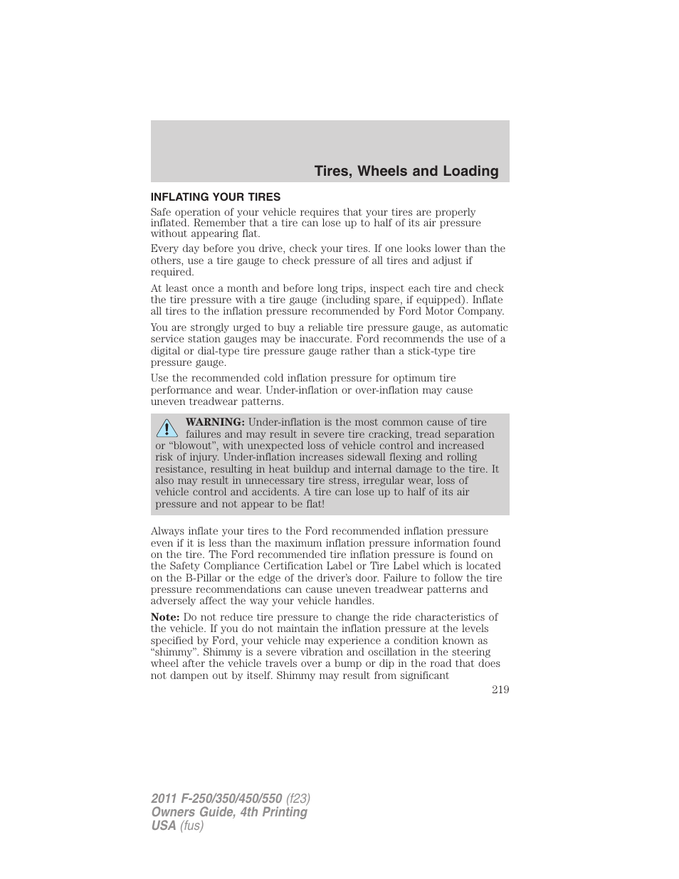 Inflating your tires, Tire inflation, Tires, wheels and loading | FORD 2011 F-550 v.4 User Manual | Page 219 / 449