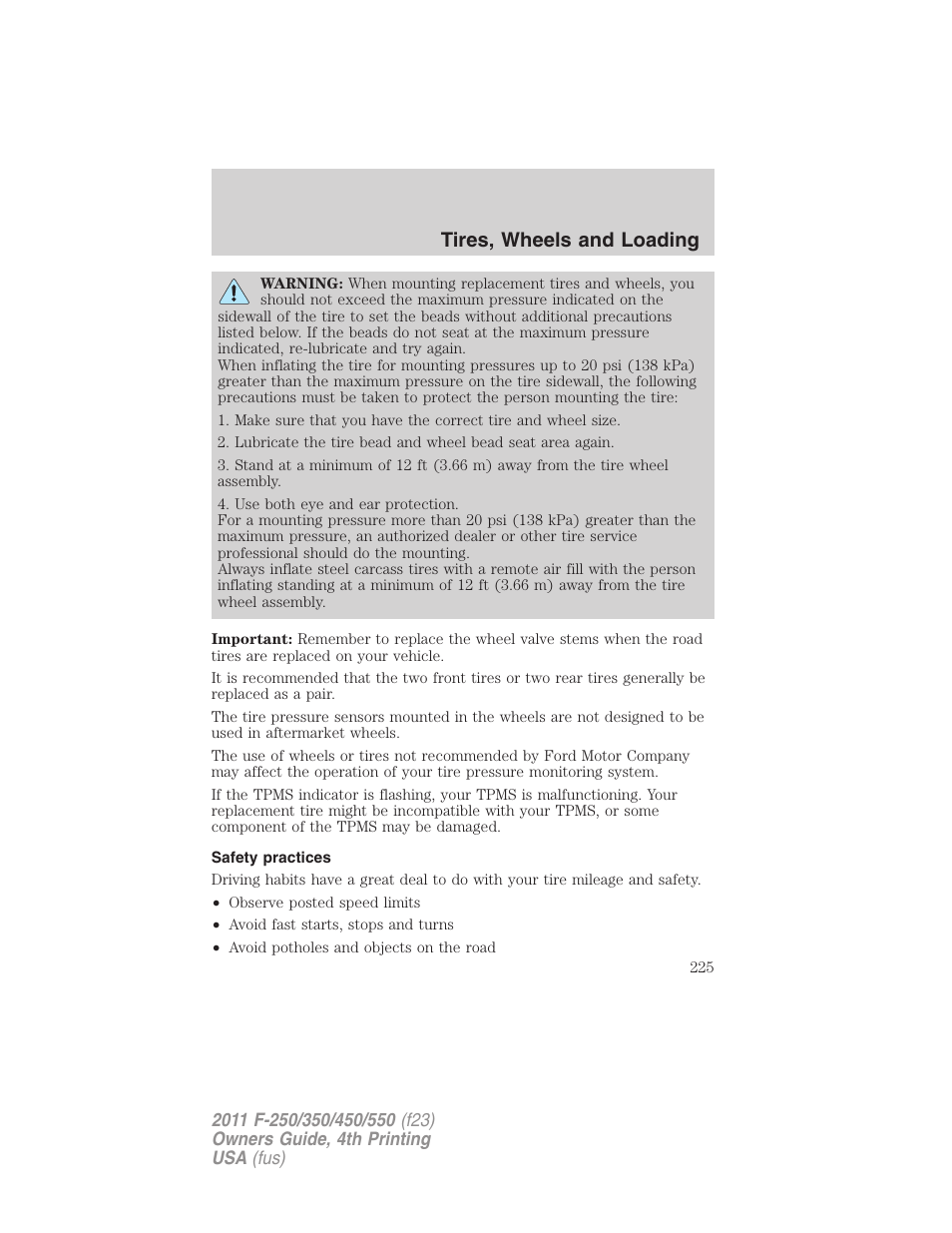 Safety practices, Tires, wheels and loading | FORD 2011 F-550 v.4 User Manual | Page 225 / 449