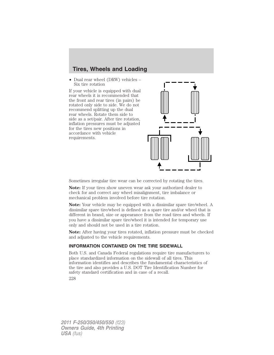Information contained on the tire sidewall, Tires, wheels and loading | FORD 2011 F-550 v.4 User Manual | Page 228 / 449