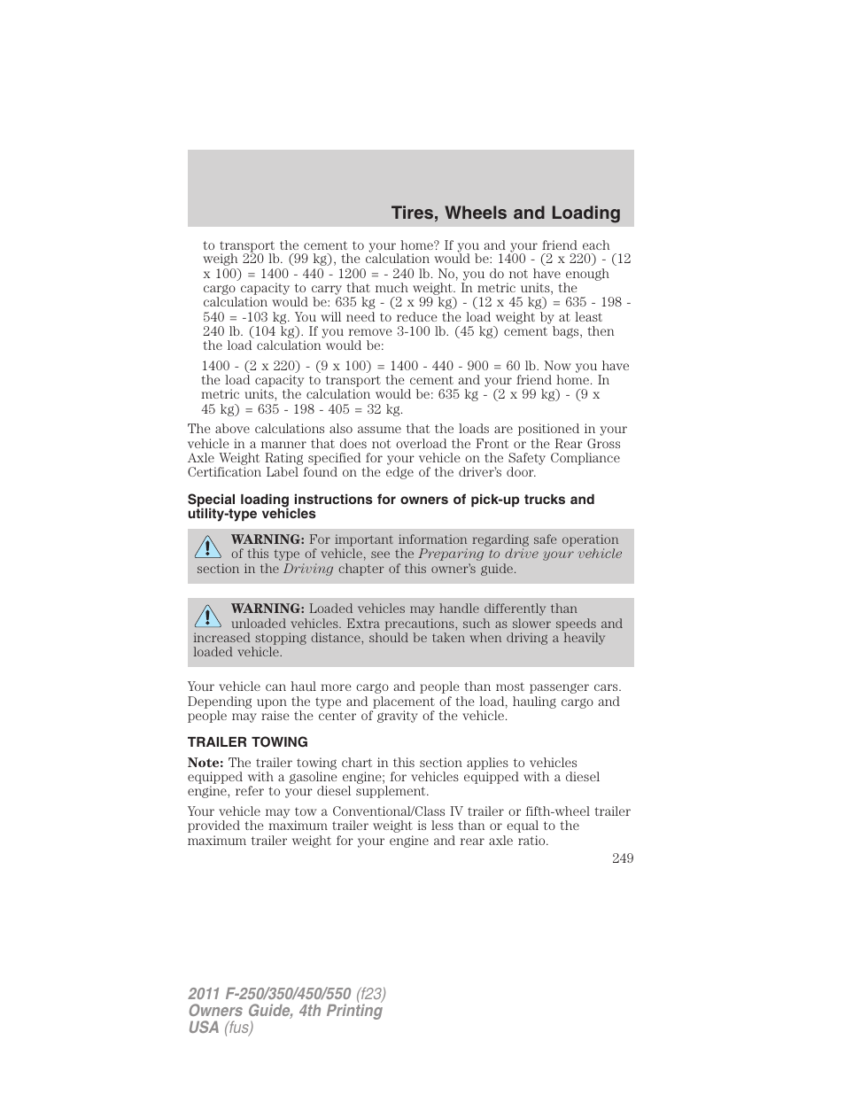 Trailer towing, Tires, wheels and loading | FORD 2011 F-550 v.4 User Manual | Page 249 / 449